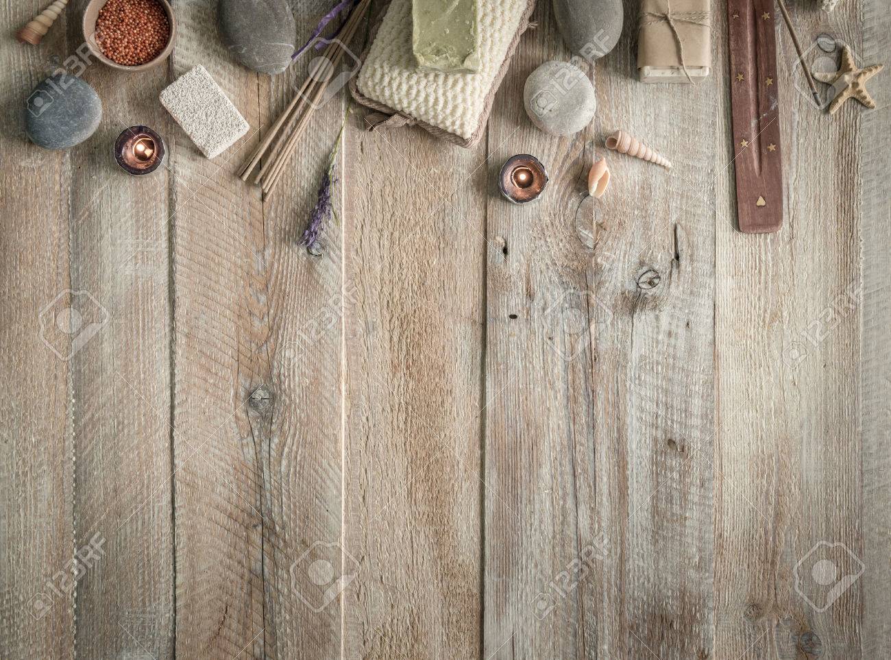 Composition of spa treatment items on the wooden table with space for text. Top view - 46655683 Composition of spa treatment items on the wooden table with space for text. Top view - 46655683