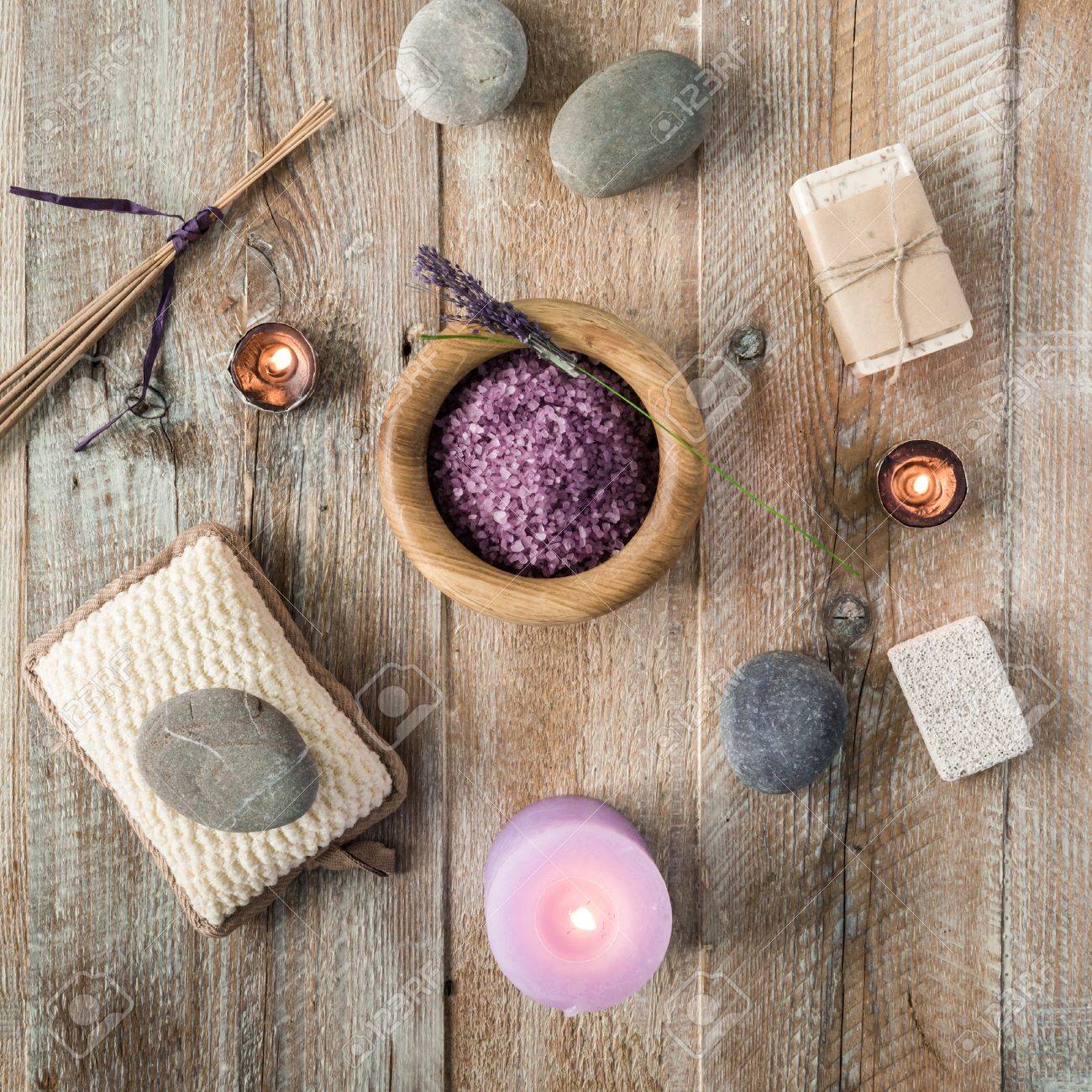 Composition of spa treatment items on the wooden table. Top view - 46655686 Composition of spa treatment items on the wooden table. Top view - 46655686