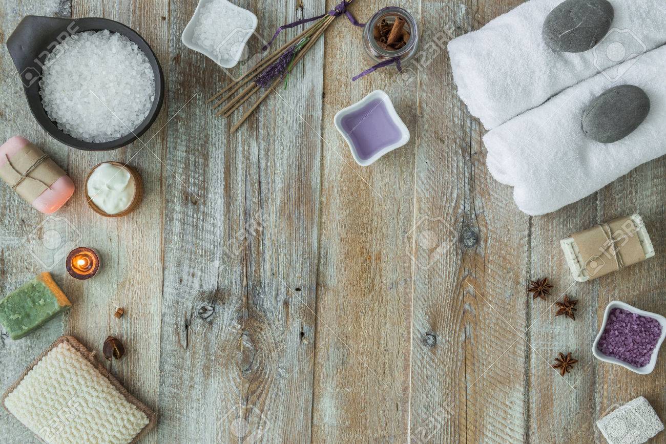 Composition of spa treatment items on the wooden table. Top view - 46655690 Composition of spa treatment items on the wooden table. Top view - 46655690