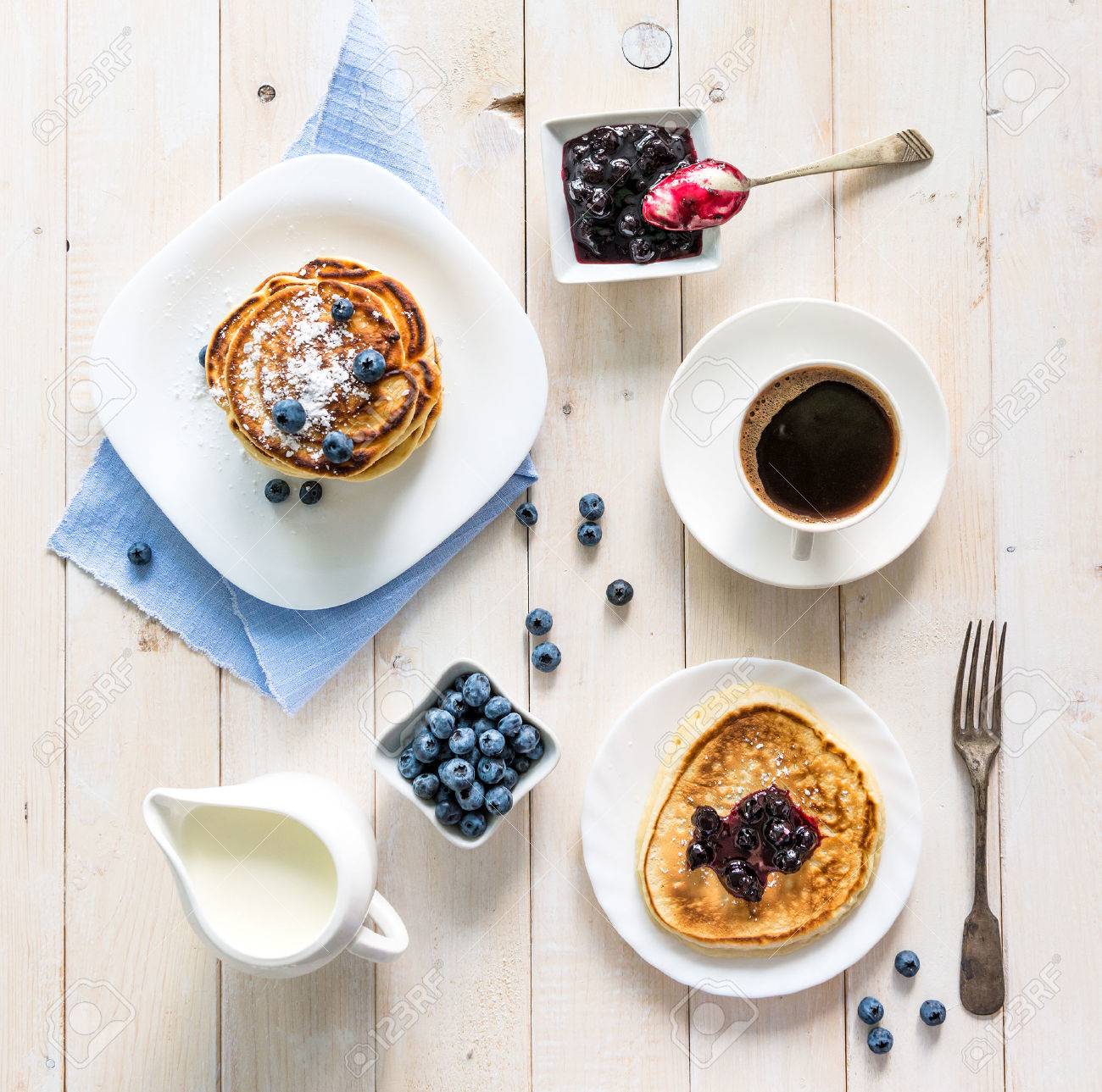 pancakes with blueberry and coffee on wooden background. top view - 47389761 pancakes with blueberry and coffee on wooden background. top view - 47389761