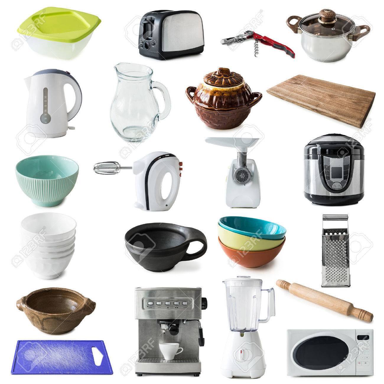 Uncategorized Different Kitchen Appliances collage of different kinds kitchen appliances and ware isolated stock photo on white background