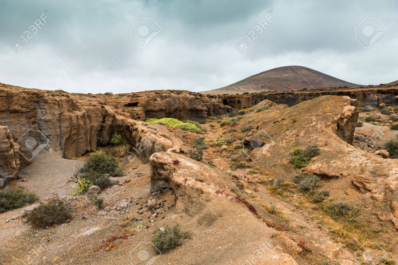 Landscape With Stony And Rocky Terrain Of Lanzarote Spain Stock