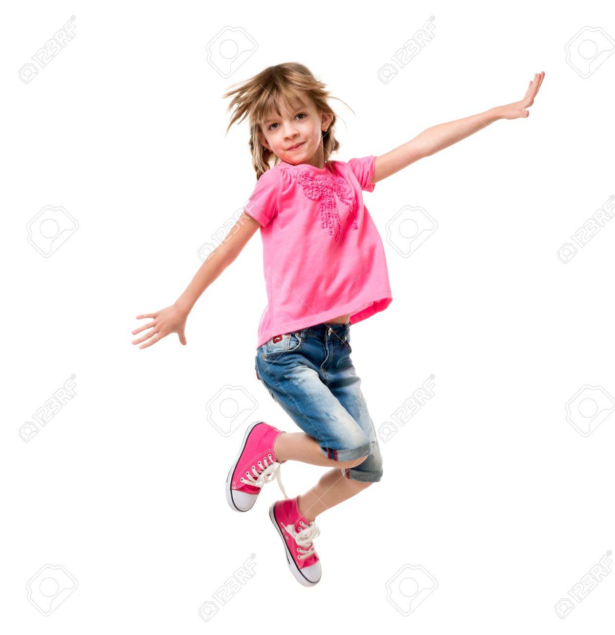 pretty little girl in pink jumping and laughing isolated on white background - 66160246 pretty little girl in pink jumping and laughing isolated on white background - 66160246
