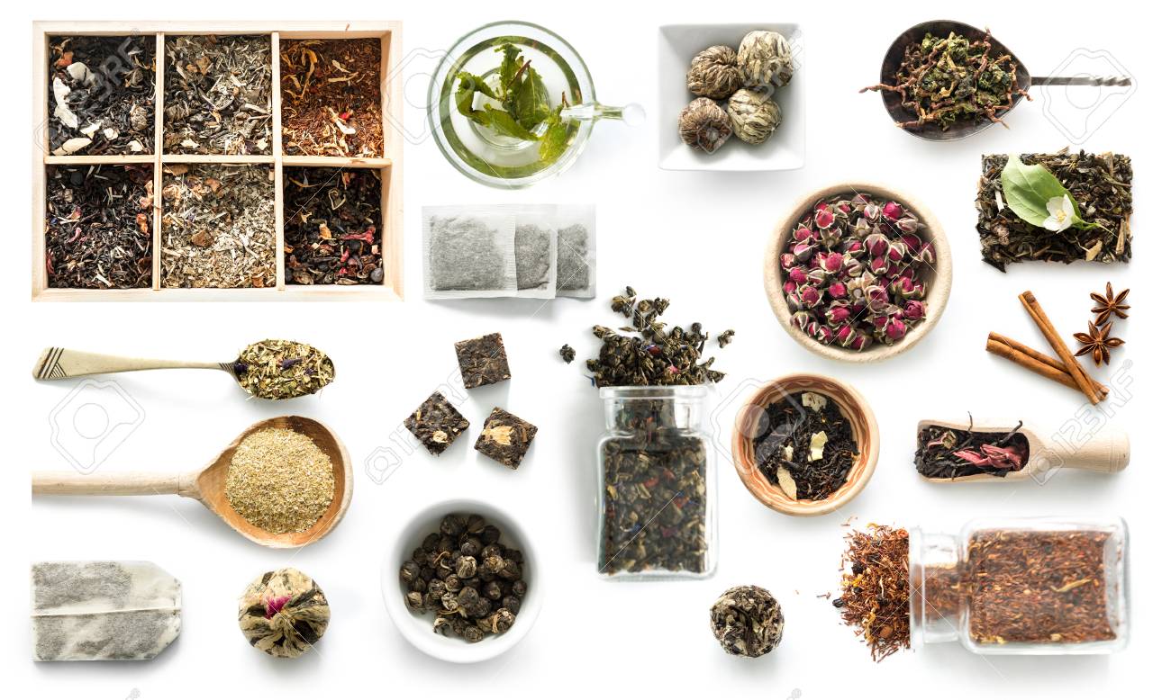 Various kinds of tea, rustic dishware, cinnamon, topview - 80446796 Various kinds of tea, rustic dishware, cinnamon, topview - 80446796