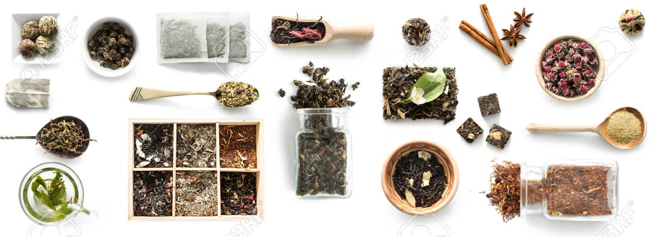 Various kinds of tea, spoons and rustic dishware, brewed green tea, cinnamon - 91697268 Various kinds of tea, spoons and rustic dishware, brewed green tea, cinnamon - 91697268