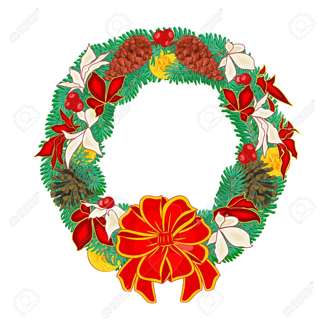 松ぼっくりとポインセチアおよびクリスマス トリミング イラストとクリスマスの花輪 のイラスト素材 ベクタ Image