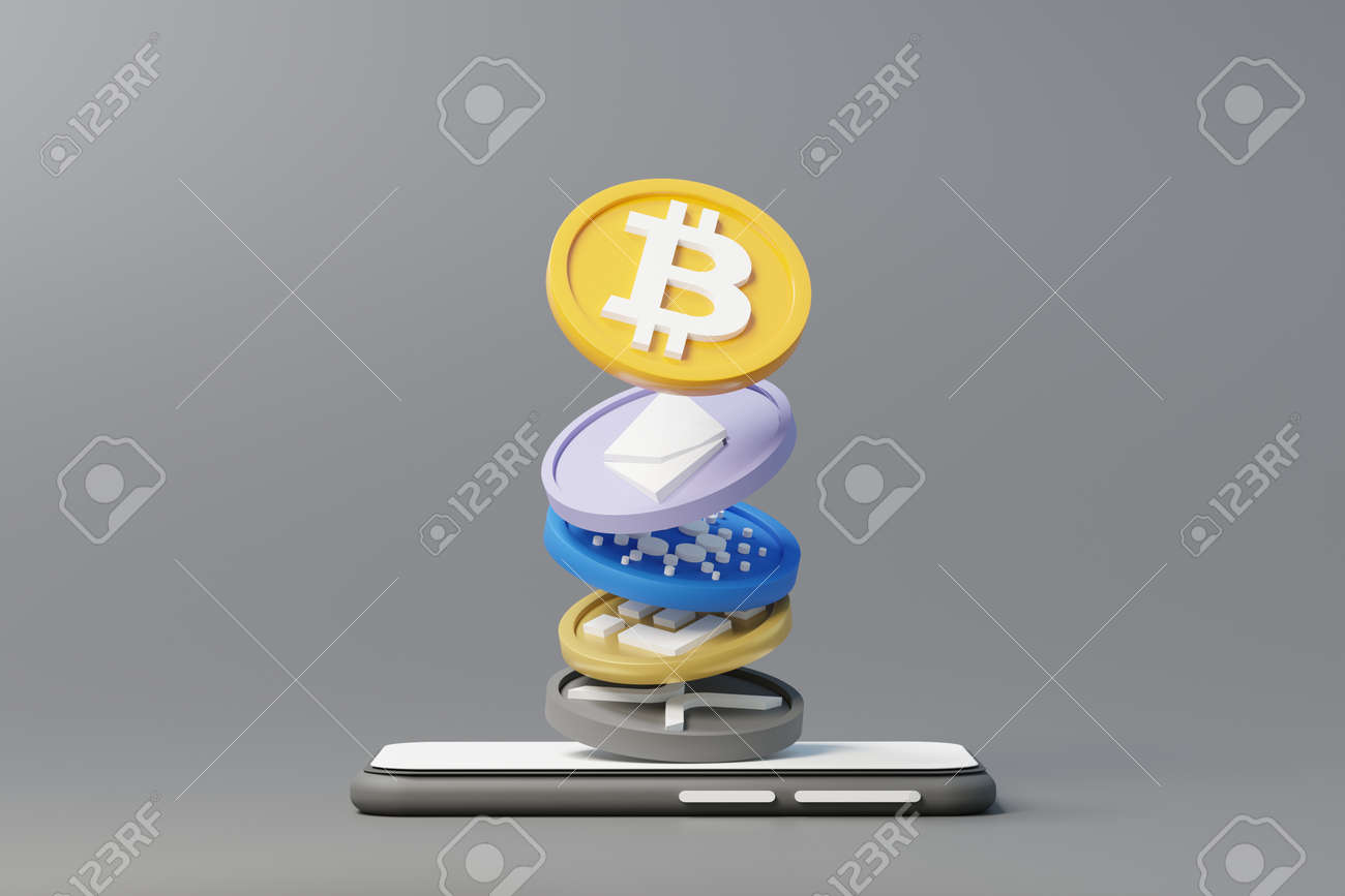 3d는 흰색 복사 공간과 가상 화폐 비트코인, 이더리움, 바이낸스, 잔물결 동전을 모의 및 웹 배너로 작업하기 위해 최소한의 미니  휴대폰 또는 스마트폰을 렌더링합니다. 디파이 암호화 개념. 로열티 무료 사진, 그림, 이미지 그리고