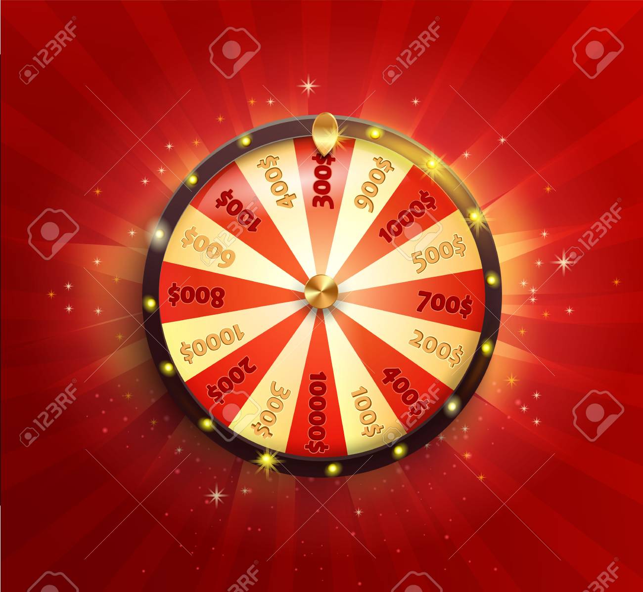 Symbol of spinning fortune wheel in realistic style. Shiny lucky roulette for your design on red glowing sunburst background. Vector illustration. - 92118648 Symbol of spinning fortune wheel in realistic style. Shiny lucky roulette for your design on red glowing sunburst background. Vector illustration. - 92118648