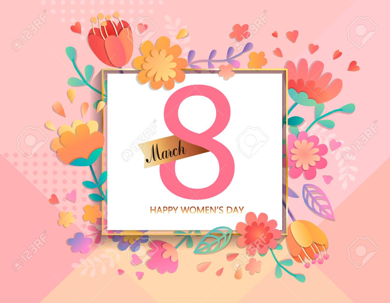 Card for happy women's day in square frame on geometric background pastel colors with beautiful flowers. Vector illustration template, banner, flyer, invitation, poster. - 94542515 Card for happy women's day in square frame on geometric background pastel colors with beautiful flowers. Vector illustration template, banner, flyer, invitation, poster. - 94542515