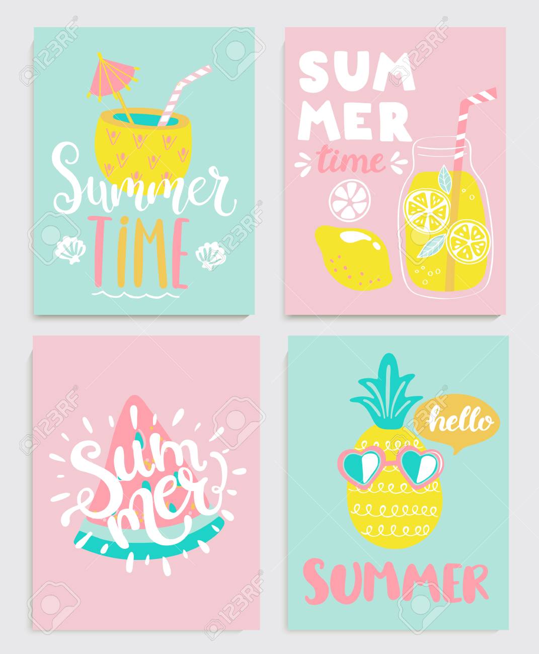 Cute Set Of Bright Summer Cards With Drinks Lemonade Pineapple Watermelon Royalty Free Cliparts Vectors And Stock Illustration Image 99039252