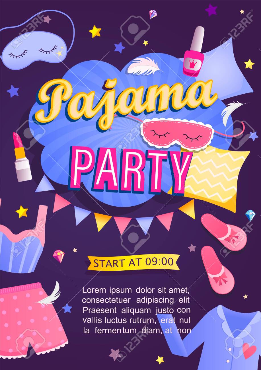 Pajama Party's Invitation Card. Night Time For Kids And Parents, Nightwear,  Pillows, Fun. Poster Or Flyer For Happy Event. Birthday Celebration For  Children In Pyjamas.Vector Illustration. Royalty Free SVG, Cliparts,  Vectors, and, image size:917x1300