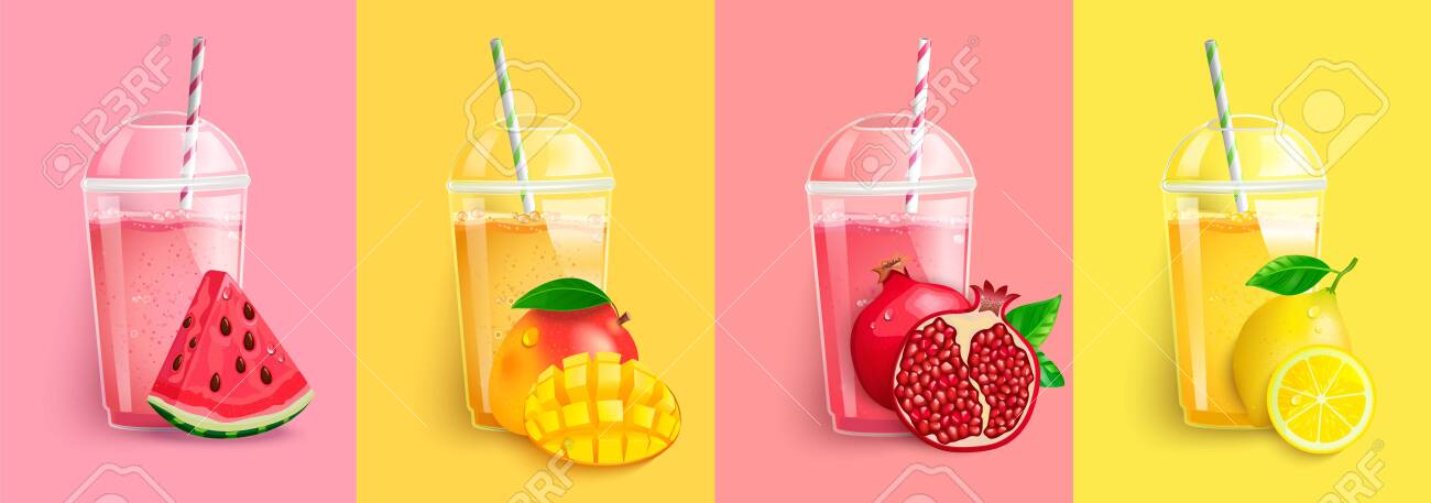 Watermelon Mango Pomegranate Lemon Smoothie Set Juice To Go Royalty Free Cliparts Vectors And Stock Illustration Image 145000502