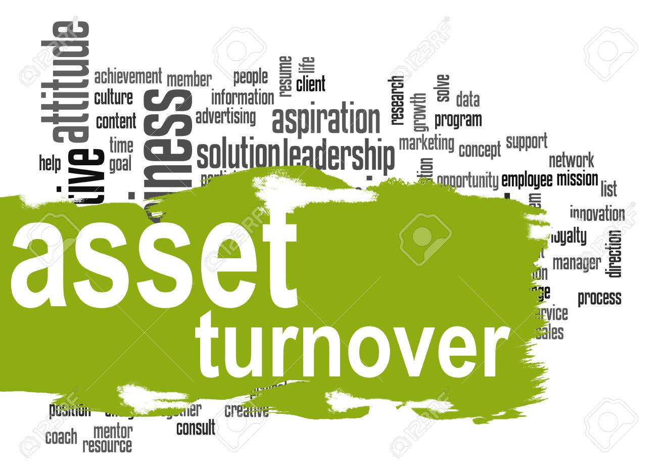 asset turnover word cloud with green banner image with hi res rendered artwork that could