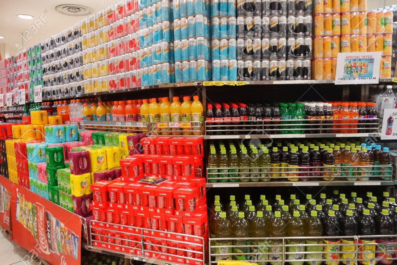 SINGAPORE NOV 11, 2017: Grocery Store Shelf With Various Brands - 1300x866 - jpeg Grocery Store Soda Aisle