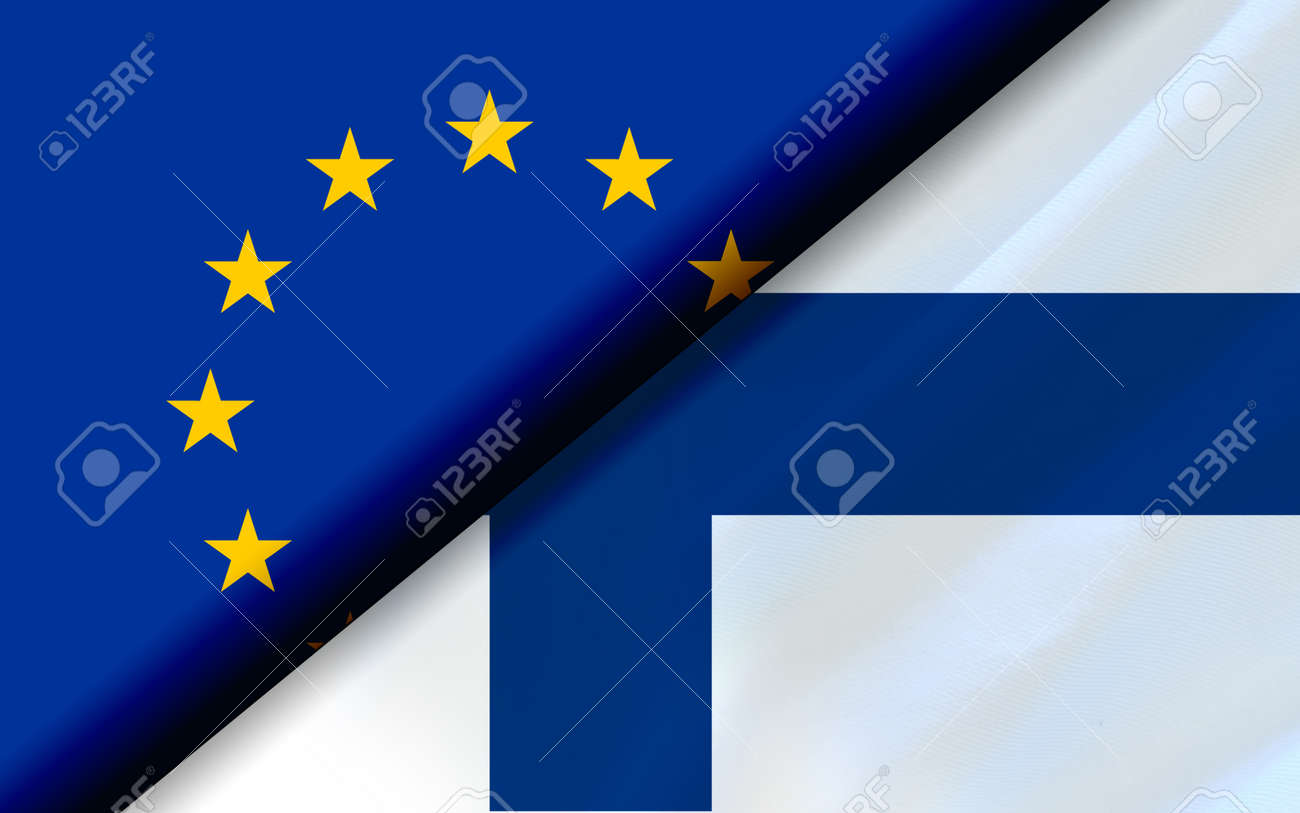 Flags of the EU and Finland divided diagonally. 3D rendering - 164289808 Flags of the EU and Finland divided diagonally. 3D rendering - 164289808