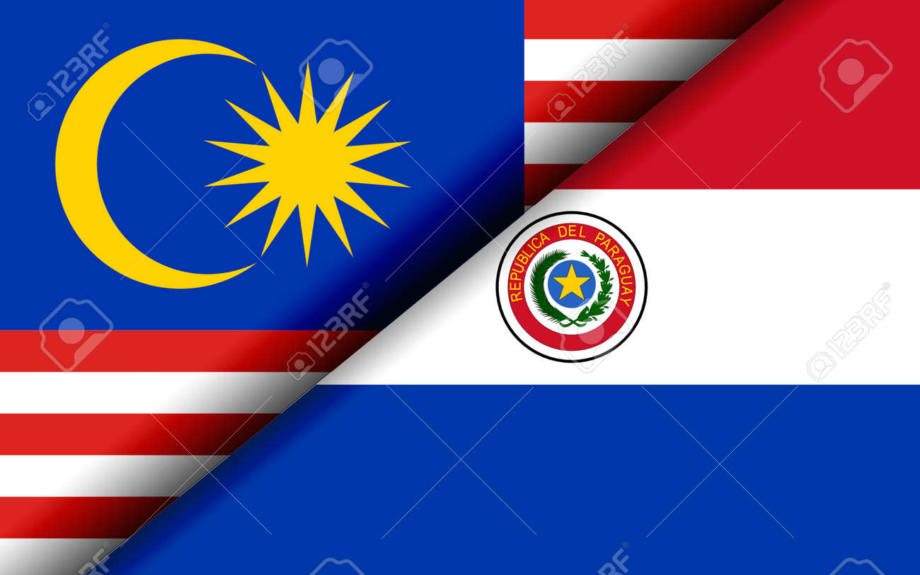 Flags of the Malaysia and Paraguay divided diagonally. 3D rendering - 170991125 Flags of the Malaysia and Paraguay divided diagonally. 3D rendering - 170991125