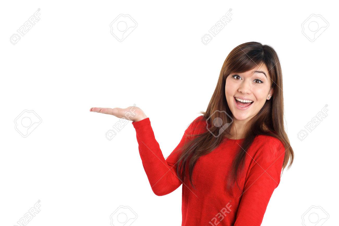 白い背景の上の製品を保持している驚く女性 の写真素材 画像素材 Image