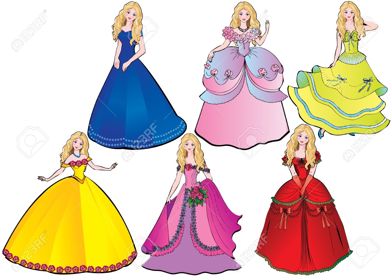 Princess In Verschiedenen Kleidern Kunst Illustration Auf Einem Weissen Hintergrund Lizenzfrei Nutzbare Svg Vektorgrafiken Clip Arts Illustrationen Image