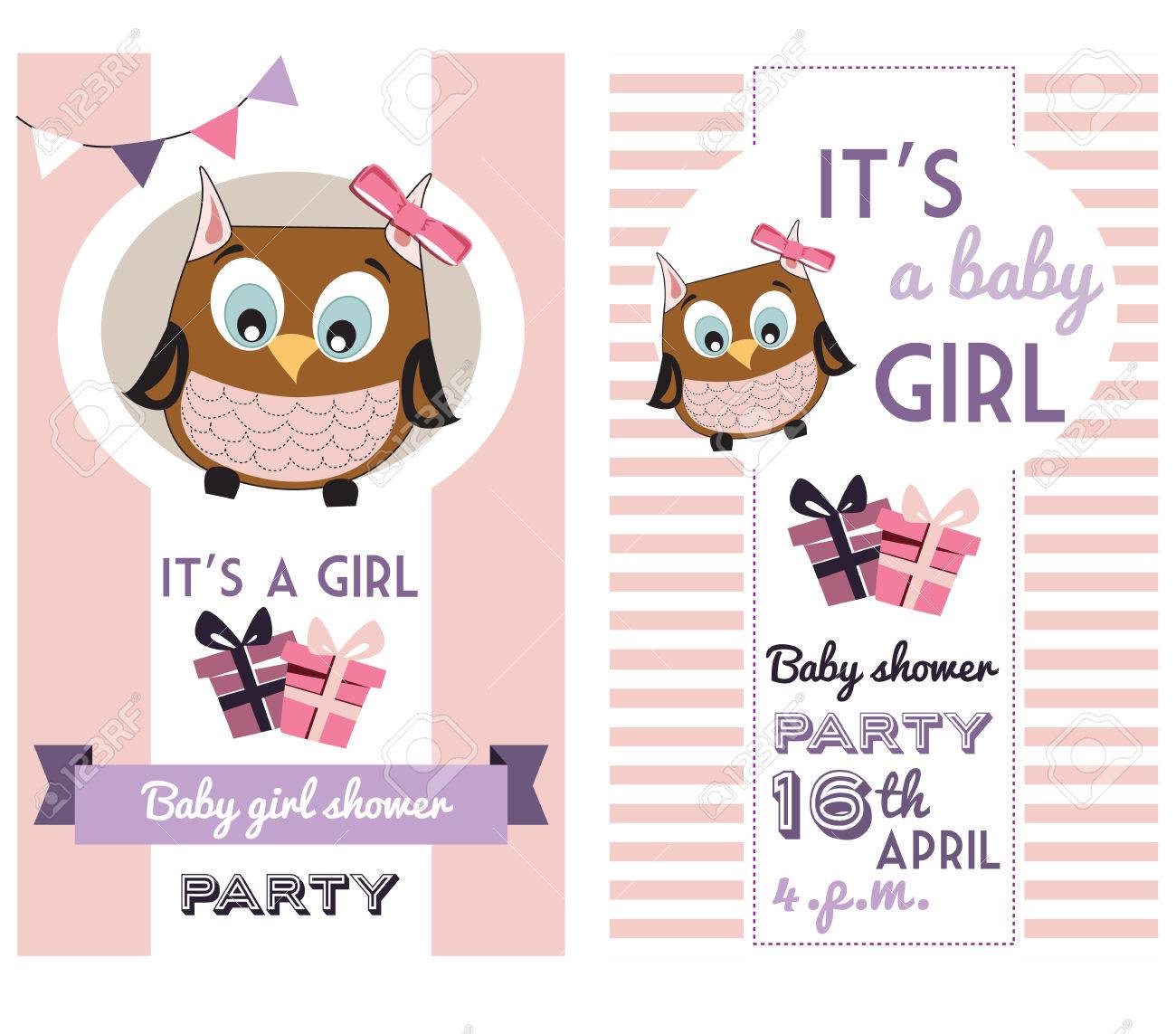Baby Girl Shower Invitation Card Template With Cute Owl Royalty Free SVG,  Cliparts, Vectors, and Stock Illustration. Image 47008246., image size:1300x1143