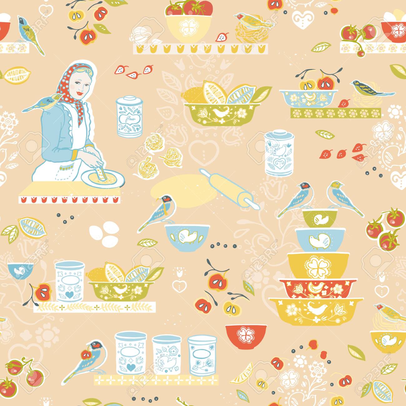 Retro Cozy Kitchen Utensil Pattern Seamless Vector Background