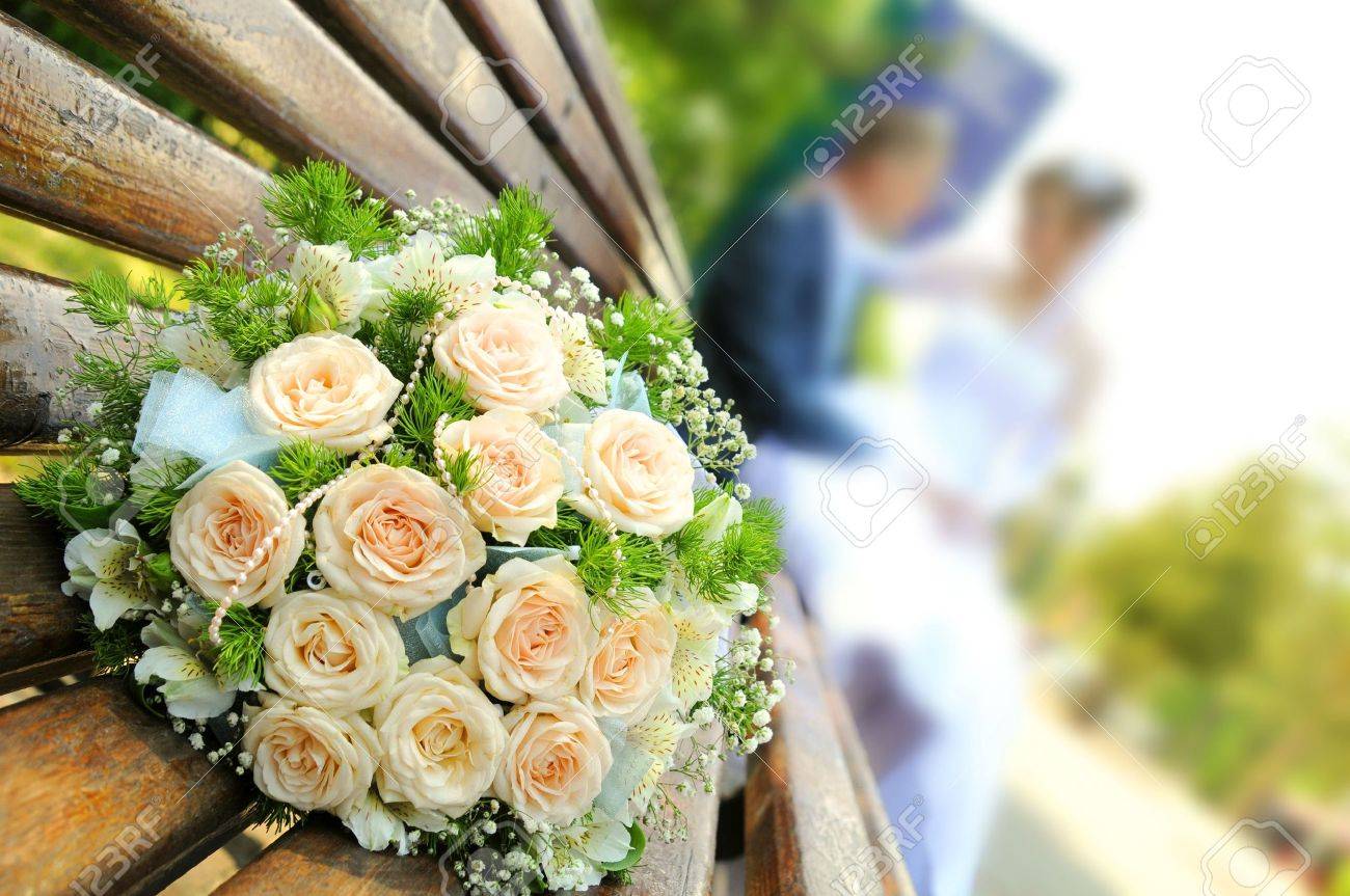 The Beautiful Wedding Bouquet Flowers Lays On A Bench On A Background Stock Photo Picture And Royalty Free Image Image 5915599