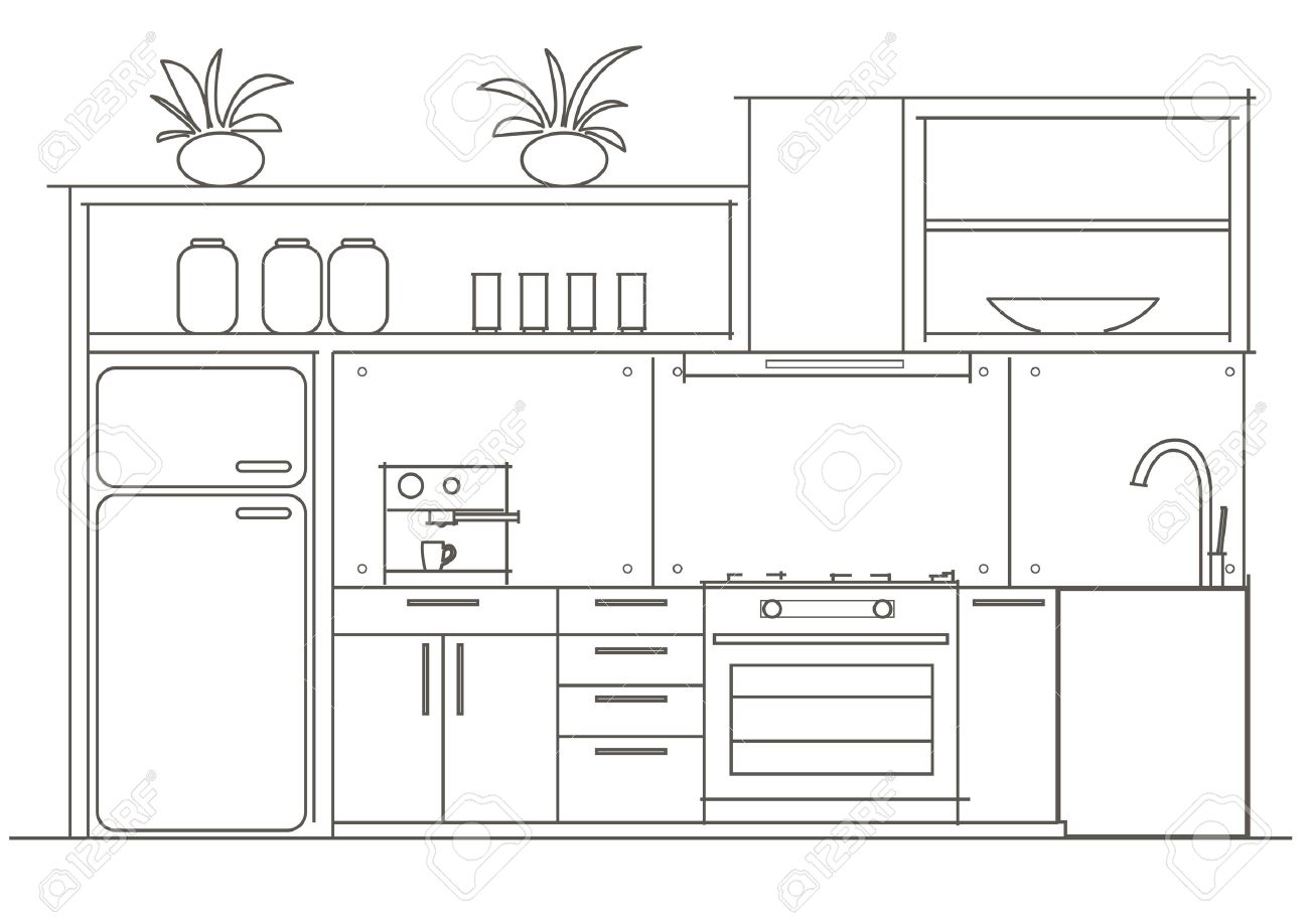 Architectural linear sketch interior small kitchen front view stock vector 44671171