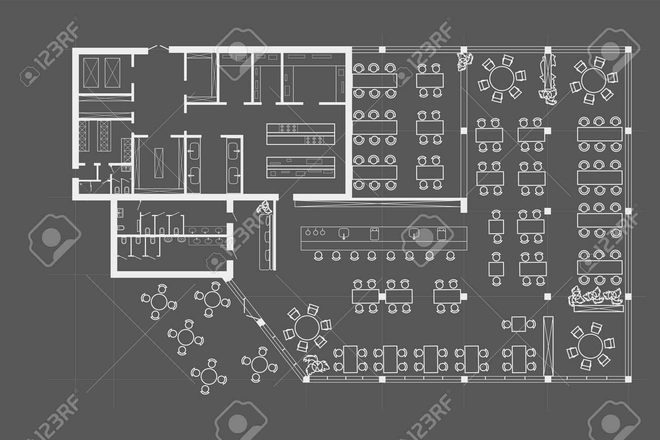 Linear Technical Sketch Restaurant With Bar And Kitchen Zone Plan On Gray  Background Royalty Free SVG, Cliparts, Vectors, and Stock Illustration.  Image 187388886., image size:1300x867