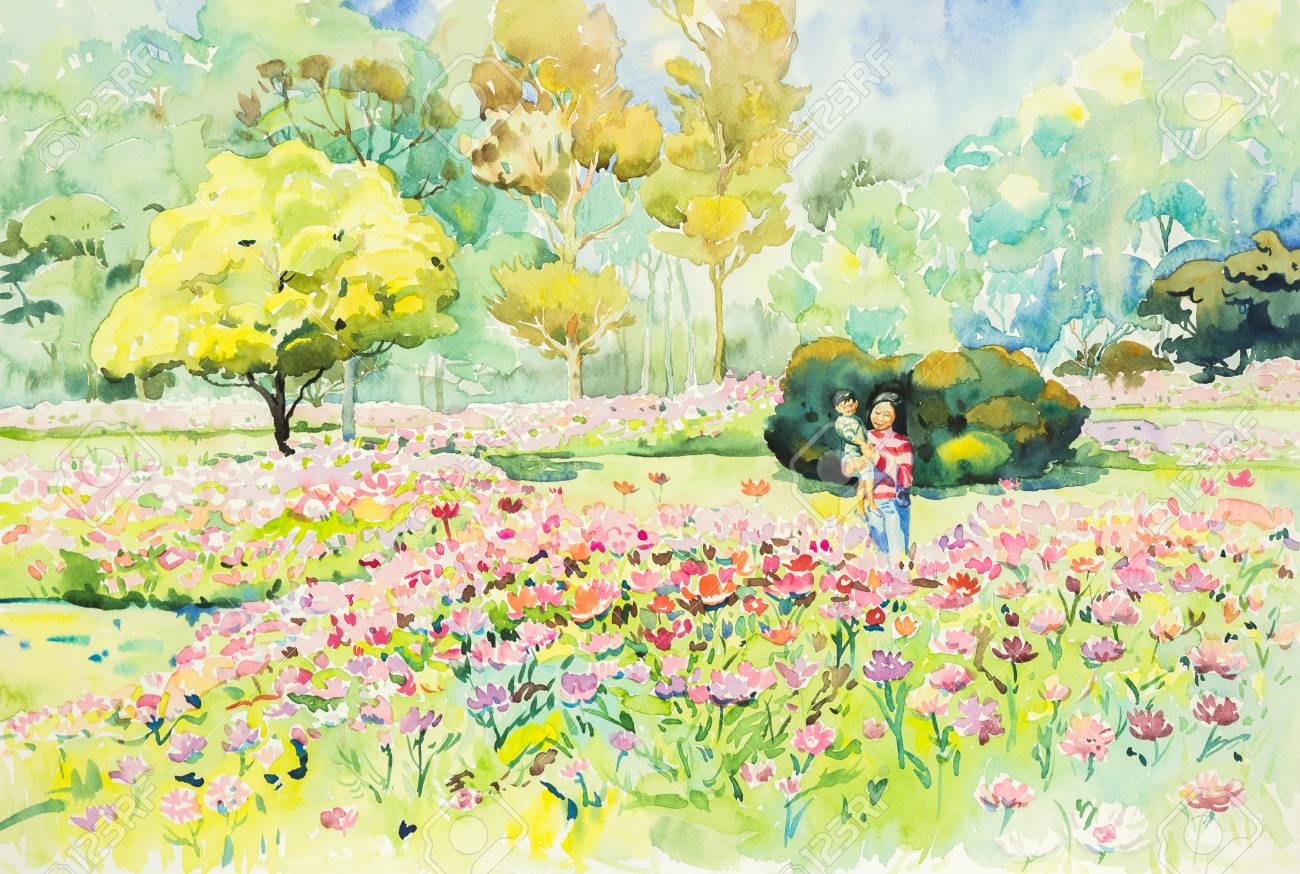 緑と青の背景の花庭の黄色 オレンジ色の赤とピンク色を絵画水彩画の原風景 の写真素材 画像素材 Image 緑と青の背景の花庭の黄色 オレンジ色の赤とピンク色を絵画水彩画の原風景 の写真素材 画像素材 Image