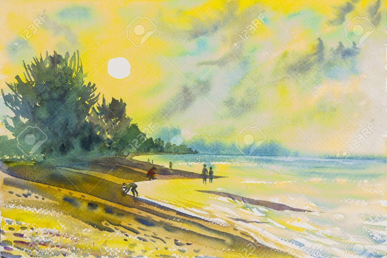 Watercolor Original Seascape Painting Colorful Of Beach And