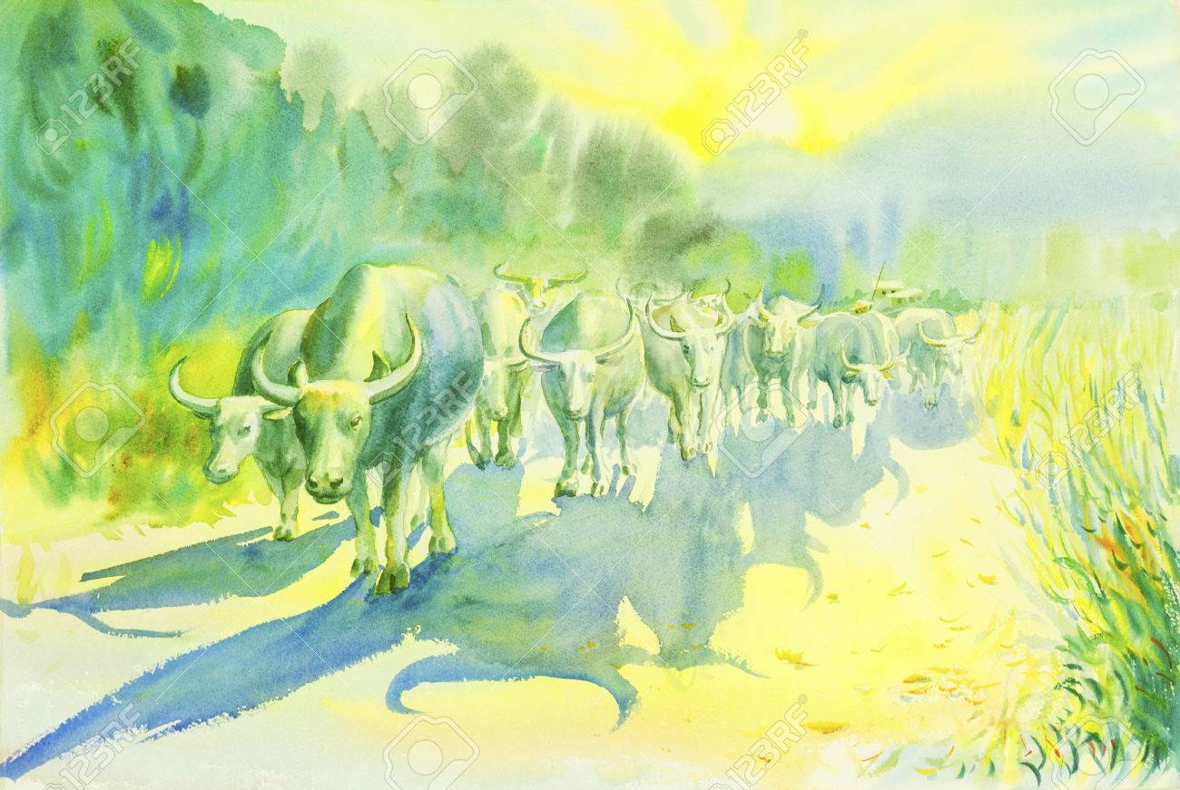 油絵水牛の群れ