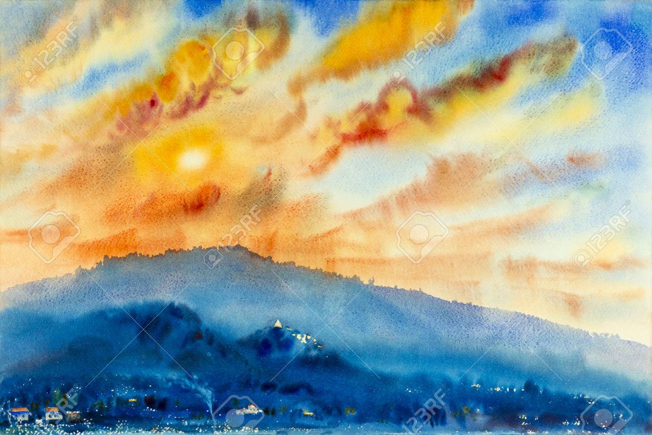 水彩風景元の山と夕日の雲バック グラウンドで感情のカラフルな絵し
