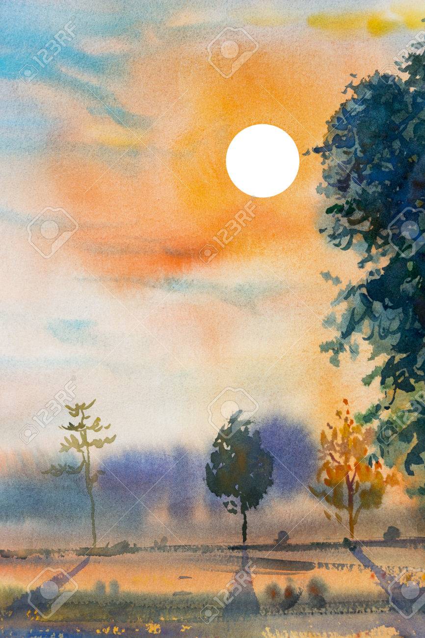 オリジナル水彩画風景夕日と空を背景に感情に大きな木と田んぼの