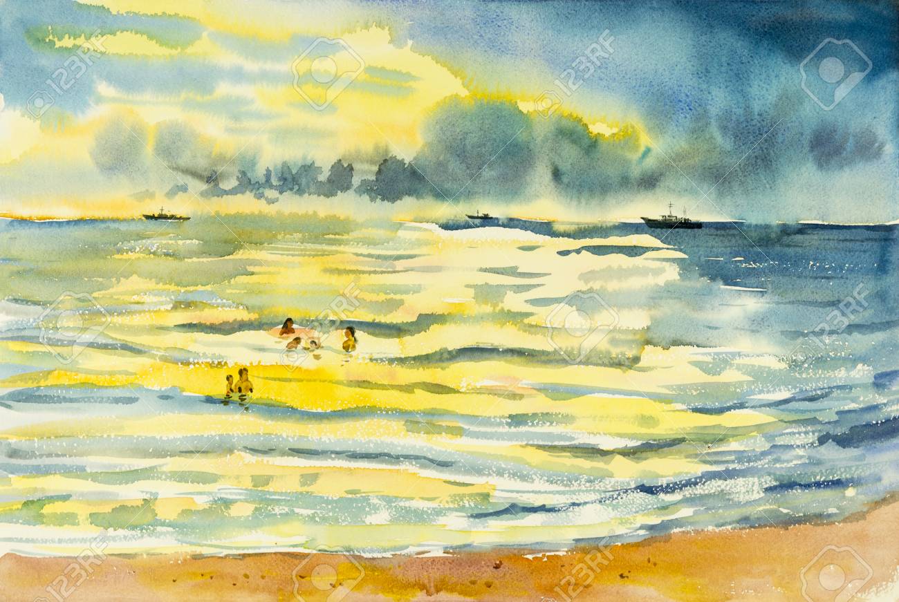 水彩画「光る海」