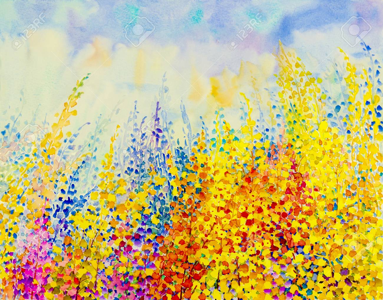 水彩オリジナル絵画花のファンタジーと空と雲の背景に感情の