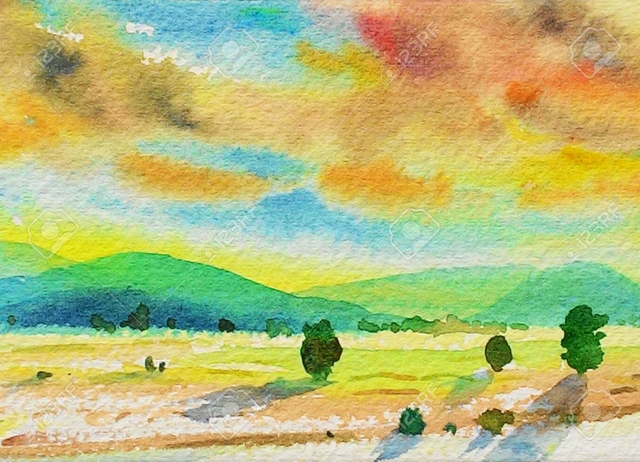 水彩画 雲と山の風景 サインあり Transparent watercolor painting