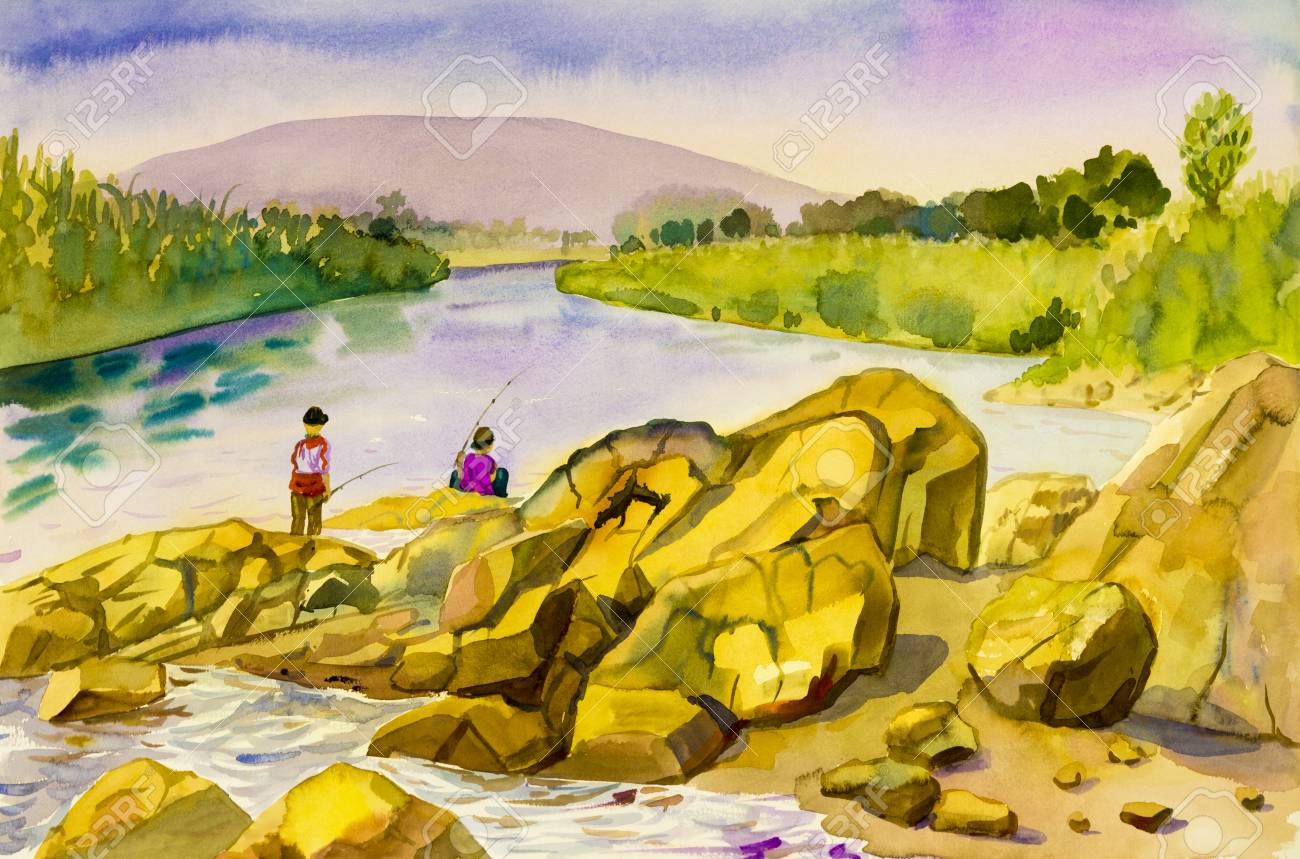 釣り人の水彩画（額縁付き）原画 釣り人の水彩画（額縁付き）原画 釣り人の水彩画（額縁付き）原画 絵画