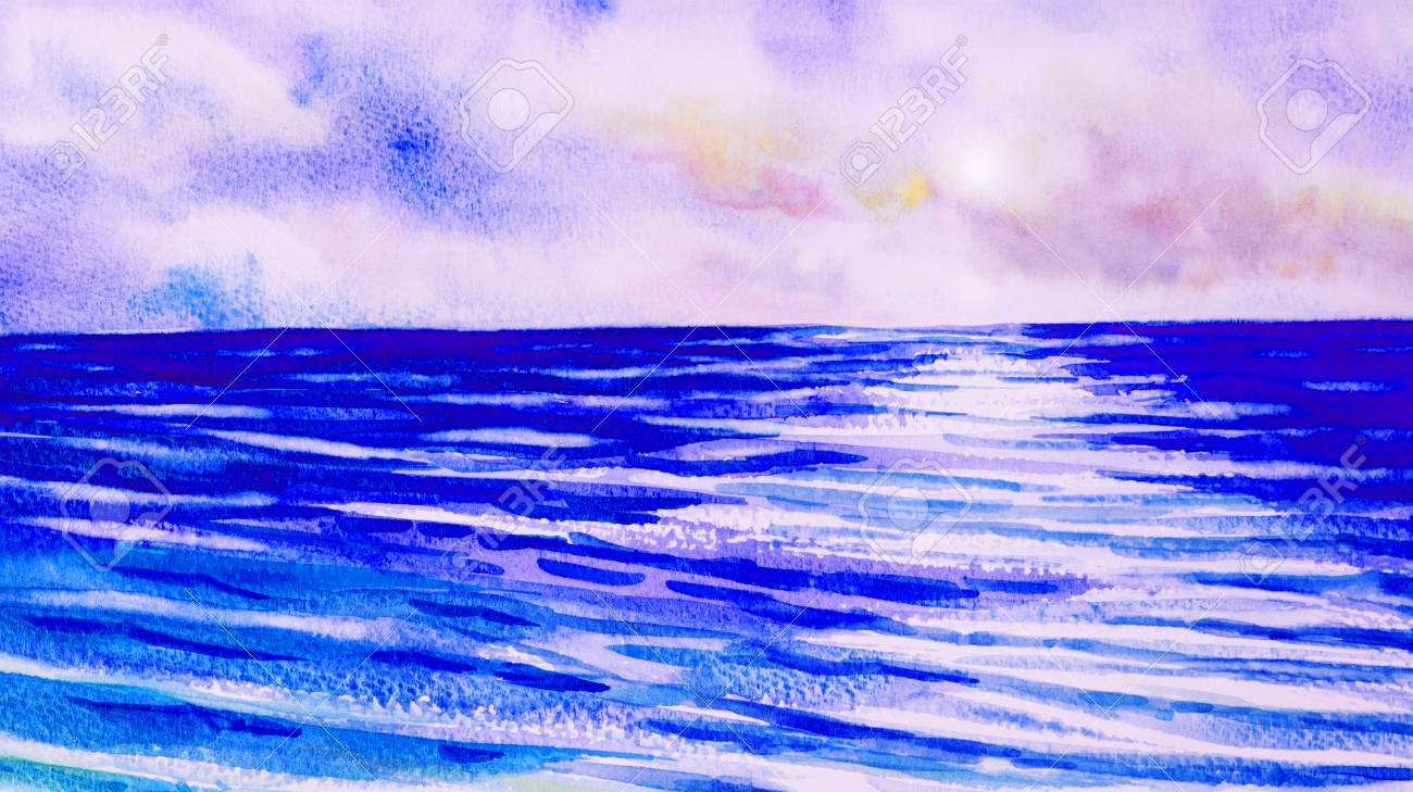 水彩風景画 青い空と海（青い海の景色、波、反射とピンクの空
