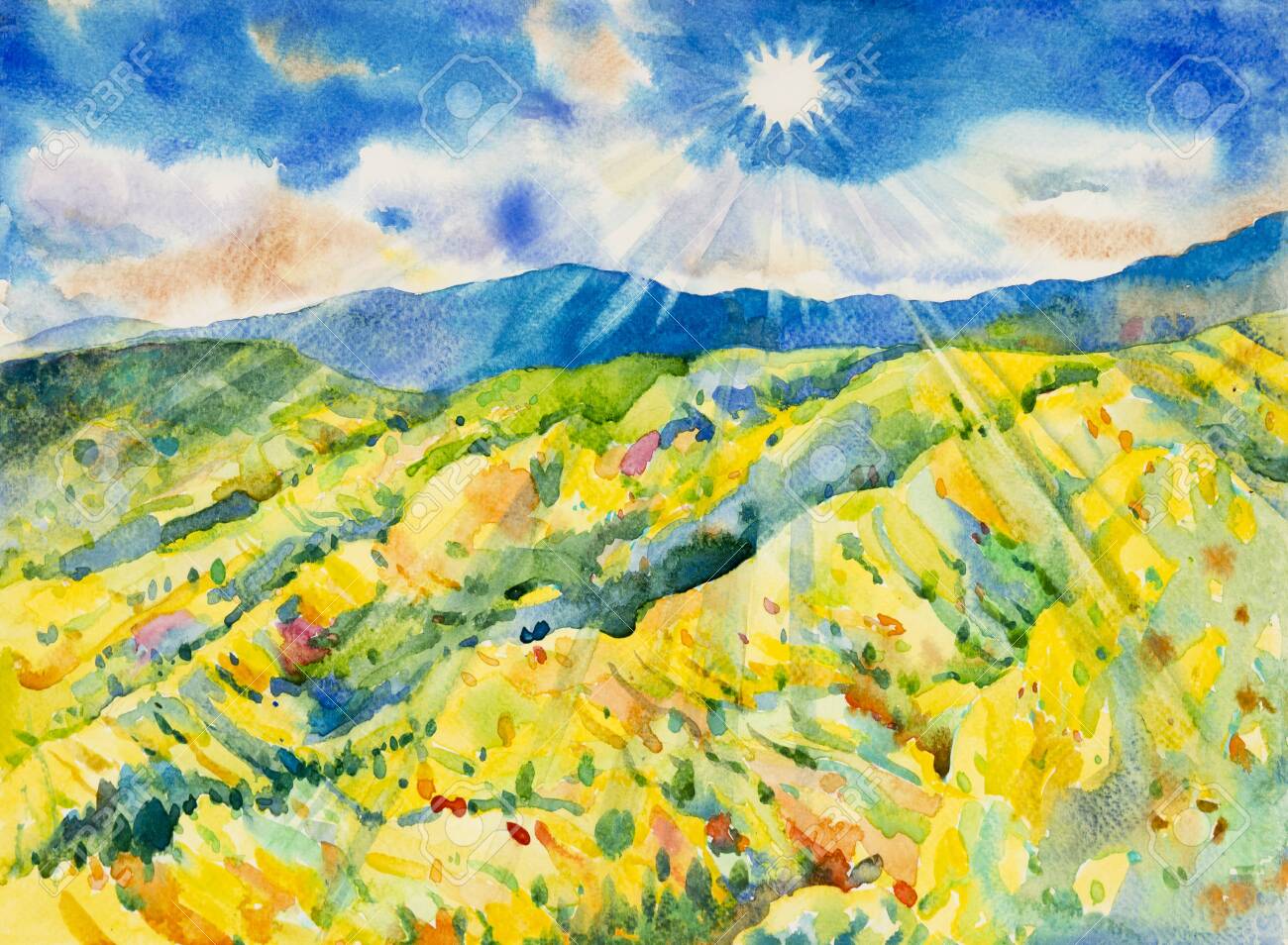 パノラマビューと感情農村社会、自然美しさのスカイライン背景で太陽