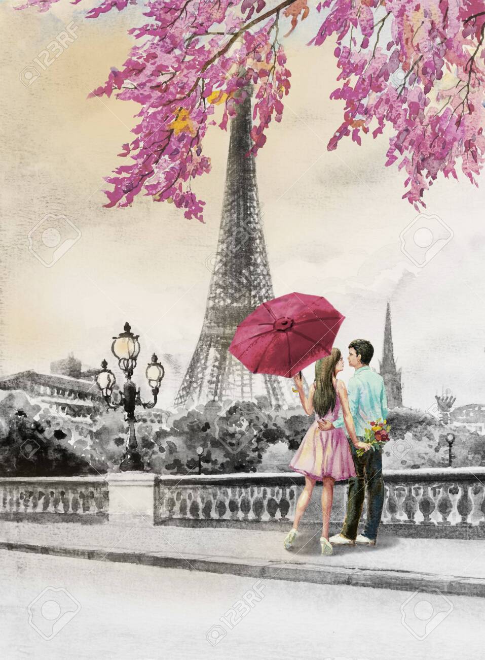 Pintura Del Paisaje De La Ciudad Europea De París. Torre Eiffel Y Pareja Joven, Mujer En La Calle Con Sombrilla Roja. Ilustración De De Acuarela Viajes De Vacaciones, Día De