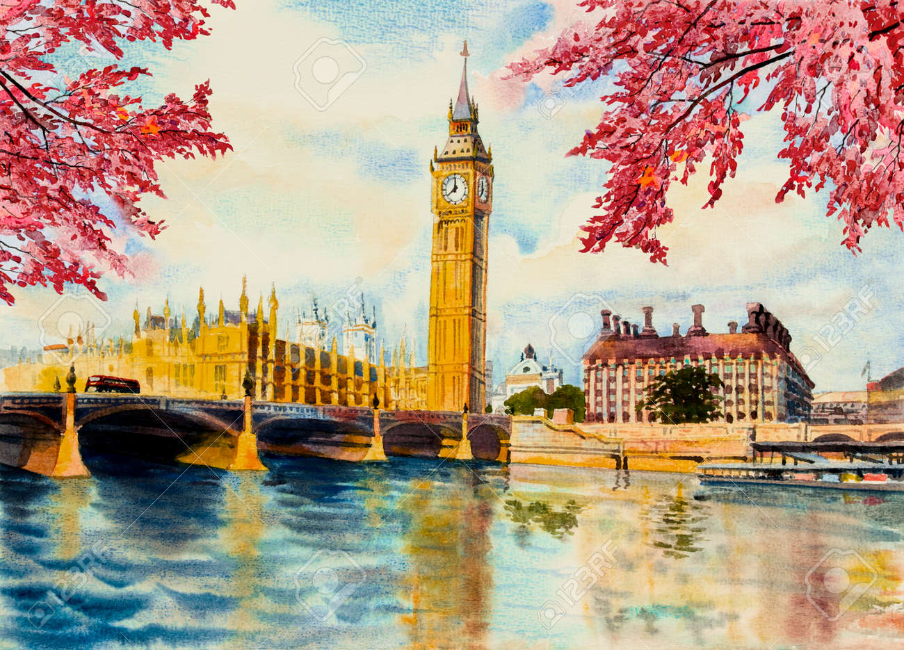 水彩画 ロンドンの風景 ビッグ・ベン