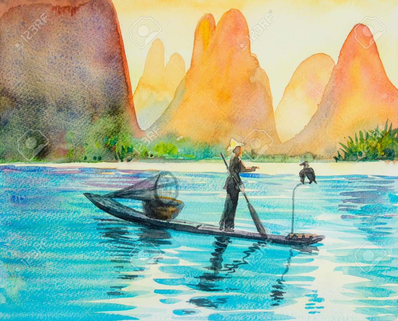 風景水彩画「山の湖の釣り」原画