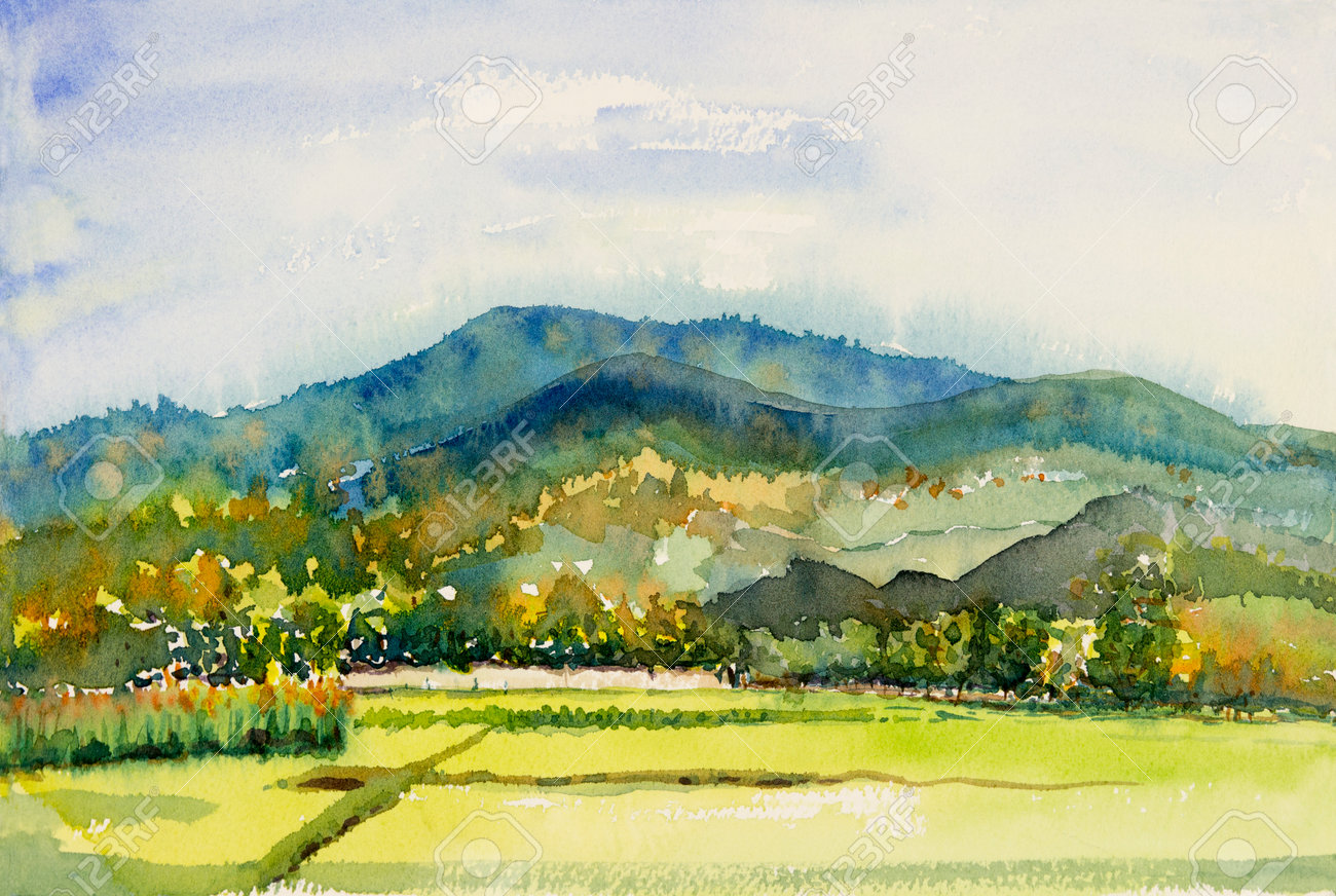 水彩画 アジアの農村風景