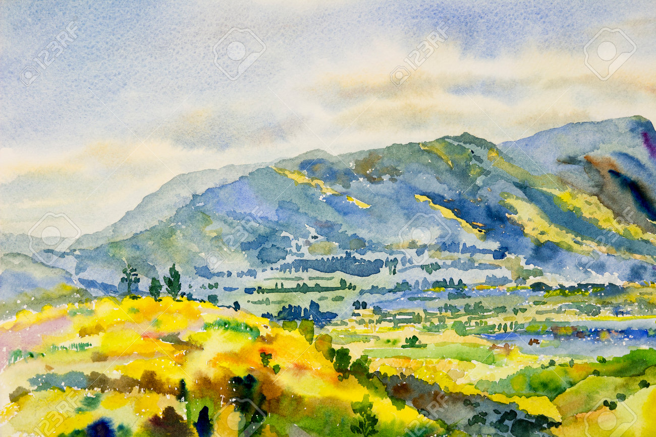 タイのカオコーとリゾート地の山の自然の美しさの木のカラフルな水彩