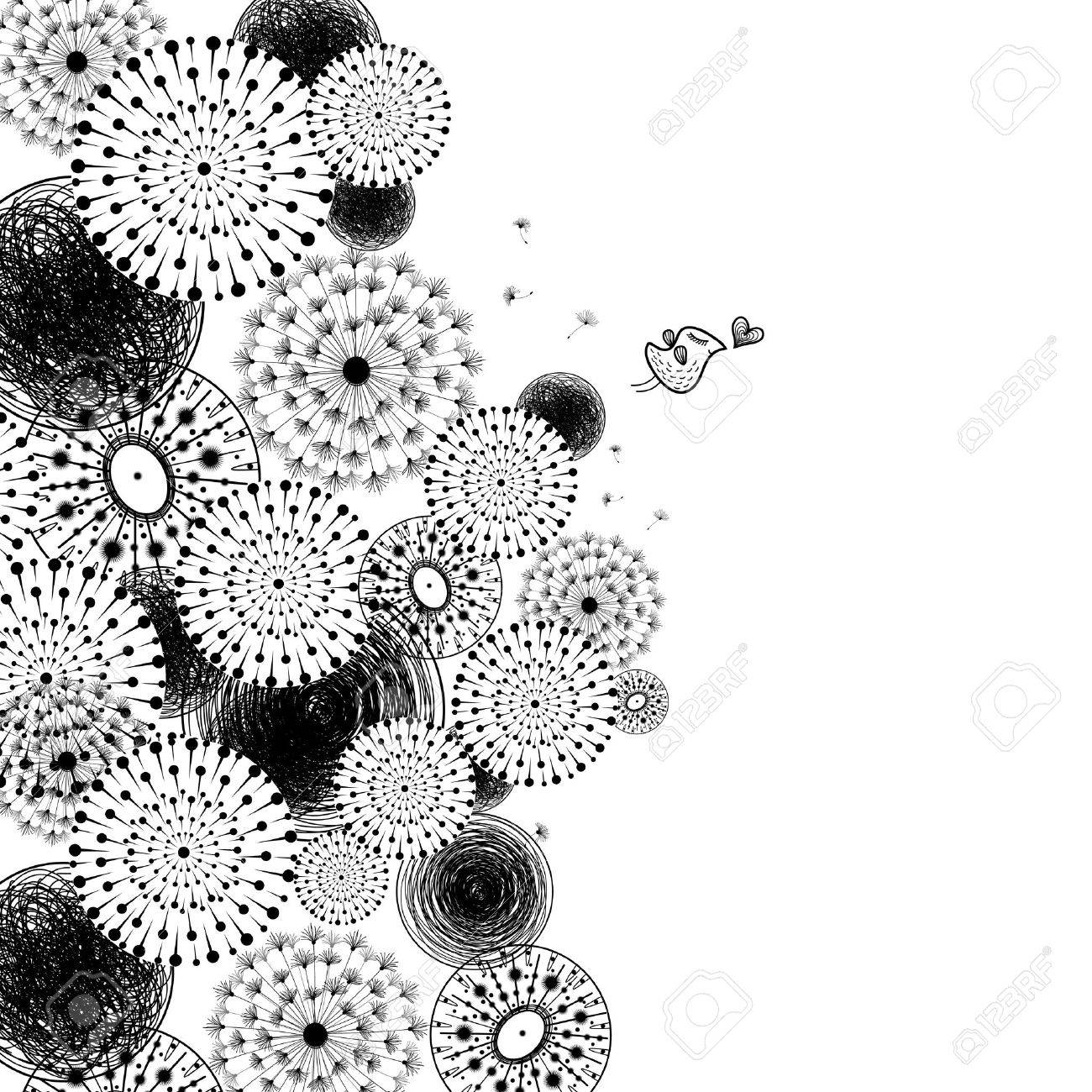 black graphic dandelions and bird on a white background - 18577491 black graphic dandelions and bird on a white background - 18577491