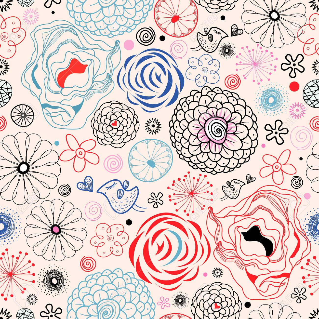 seamless graphic floral pattern with birds in love on a bright pink background - 24072321 seamless graphic floral pattern with birds in love on a bright pink background - 24072321