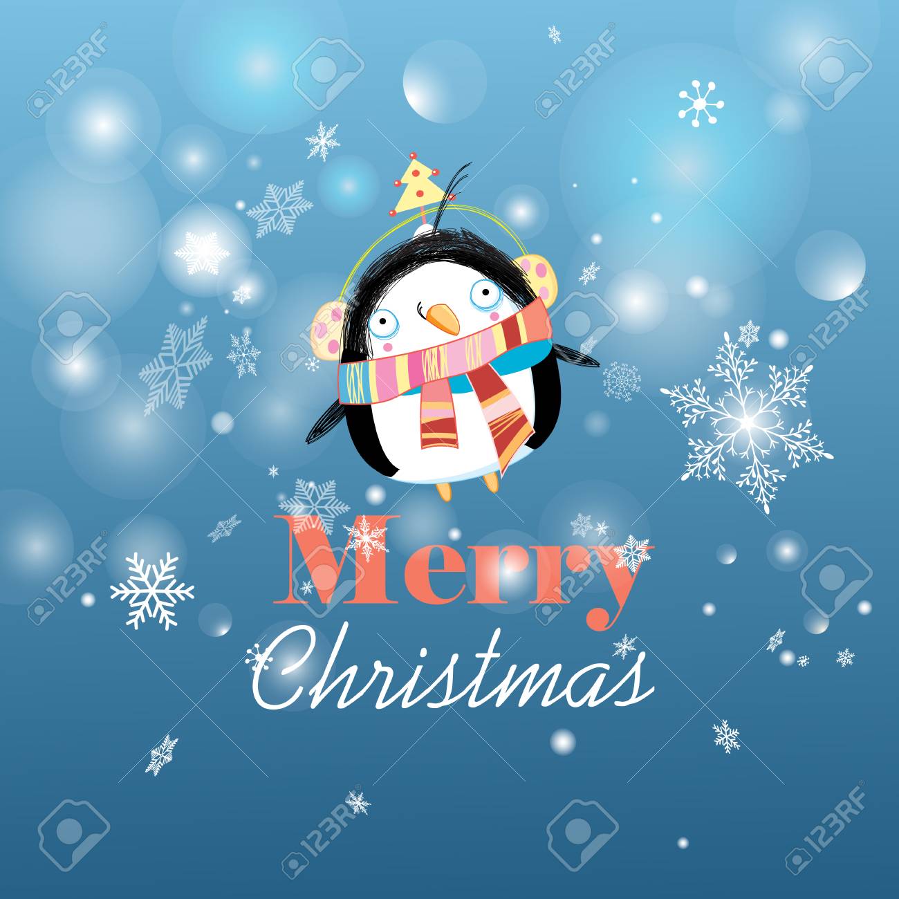 Immagini Divertenti Su Natale.Vettoriale Scheda Di Natale Luminosa Con I Pinguini Divertenti Su Uno Sfondo Blu Con Fiocchi Di Neve Image 33292105