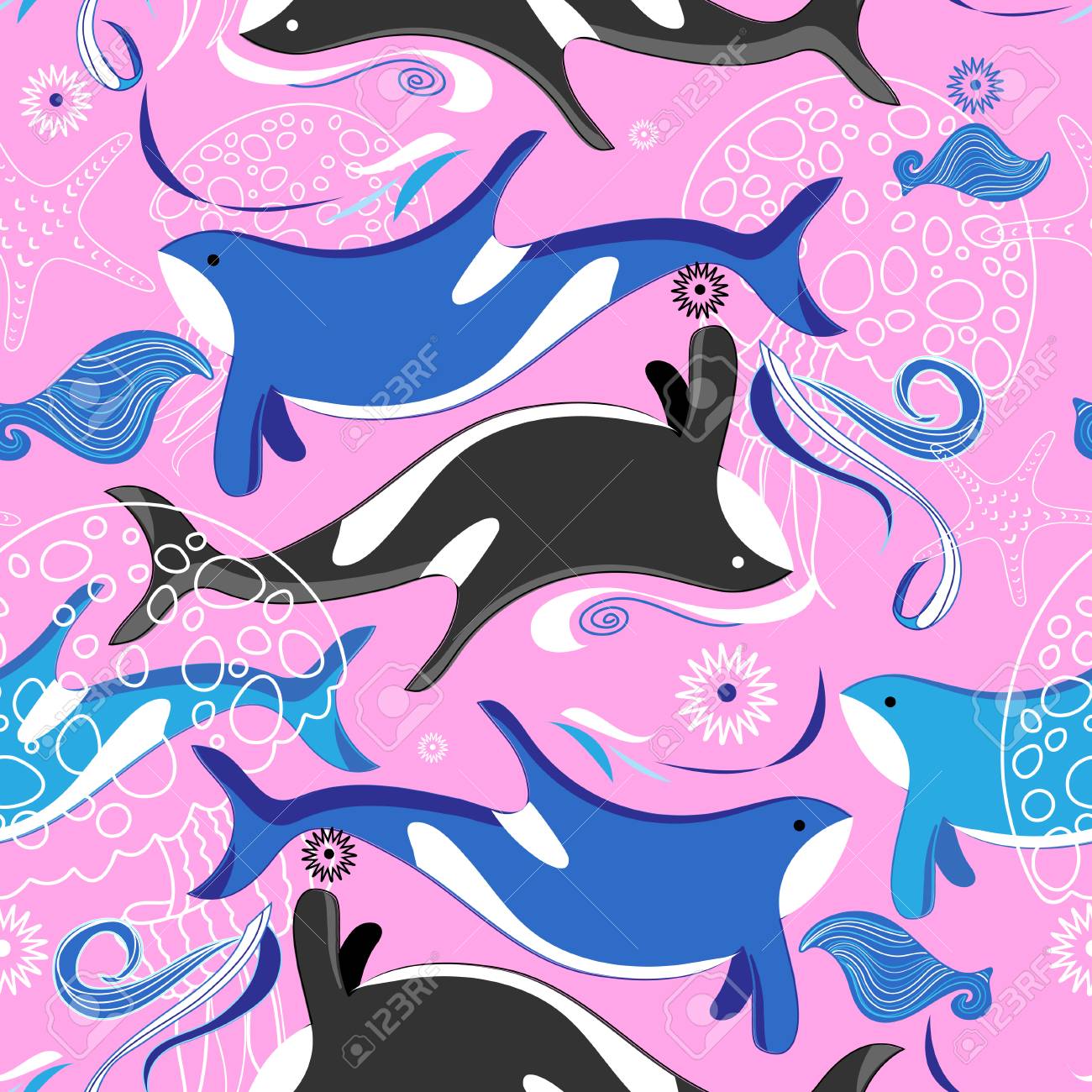 ピンクの背景のクジラと海のパターンをシームレスなベクトルのイラスト素材 ベクタ Image ピンクの背景のクジラと海のパターンをシームレスなベクトルのイラスト素材 ベクタ Image