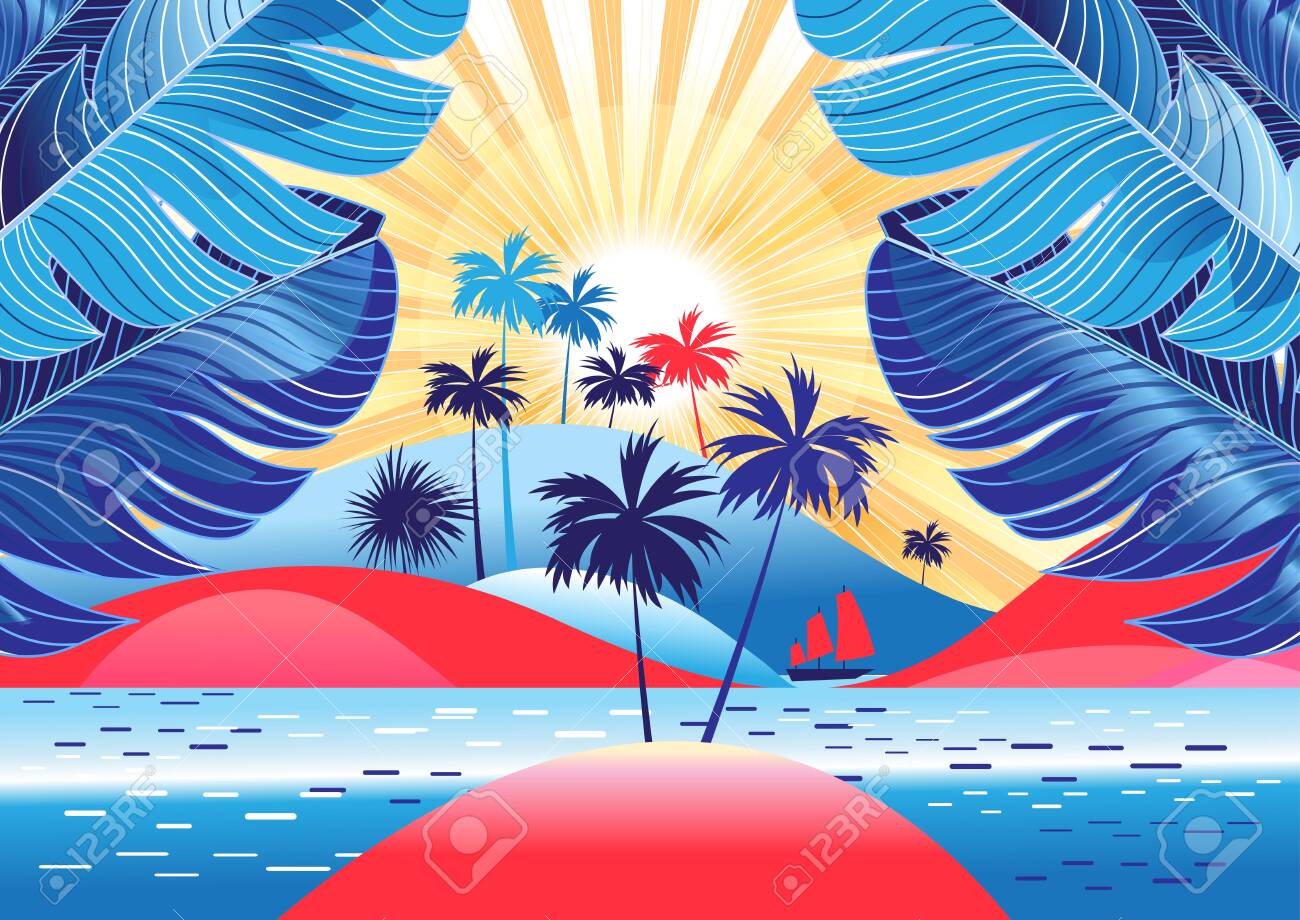 Tropical landscape with palm trees and bright sunshine on the beach. Design template for tourism advertising or book cover. - 127823597 Tropical landscape with palm trees and bright sunshine on the beach. Design template for tourism advertising or book cover. - 127823597