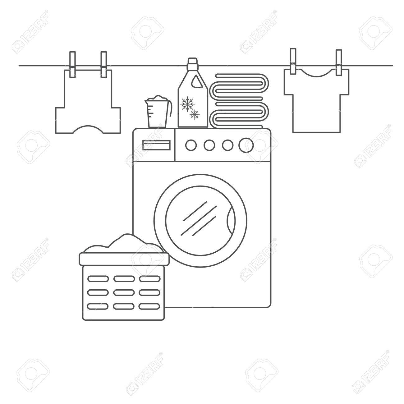 Laundry room for washing and drying items. Laundry room with washing machine, linens and laundry facilities. Laundry room in the style of the line. Vector illustration. - 58294003 Laundry room for washing and drying items. Laundry room with washing machine, linens and laundry facilities. Laundry room in the style of the line. Vector illustration. - 58294003