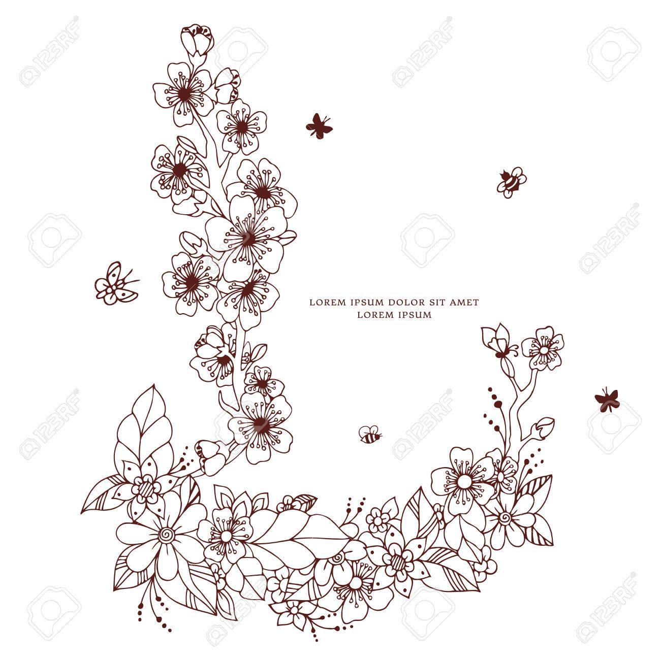 ベクトル イラスト花フレーム だらだら Zenart 落書き 花 蝶 繊細で美しい 茶色と白です 大人塗り絵抗ストレスを着色します のイラスト素材 ベクタ Image